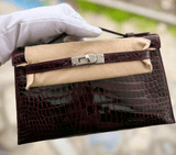 Hermes Kelly Pochette Bordeaux Shiny Porosus Crocodile Palladium Hardware