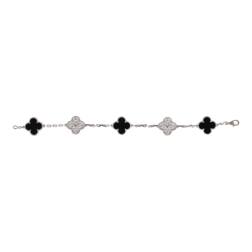 Van Cleef & Arpels Vintage Alhambra 5 Motif Bracelet Onyx 18K White Gold & Diamonds