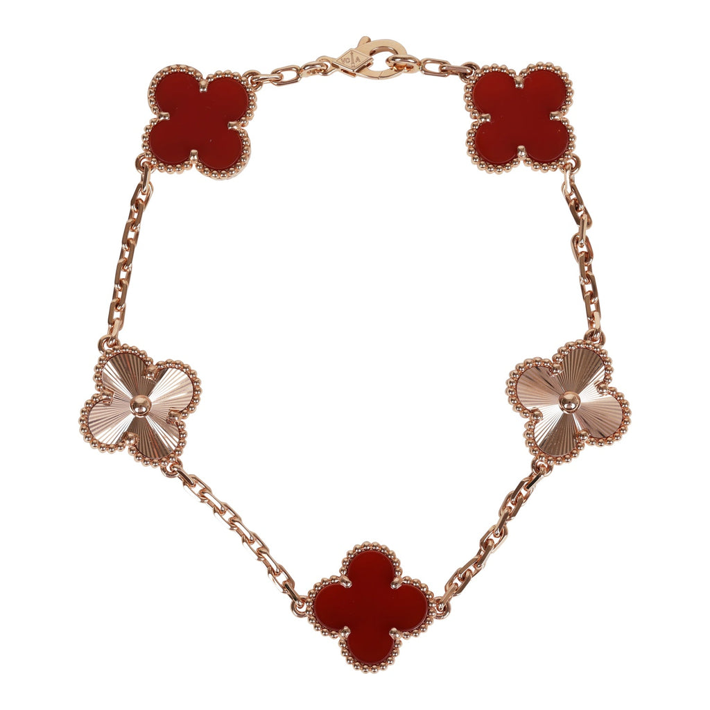 Van Cleef & Arpels Vintage Alhambra 5 Motif Bracelet Carnelian Guilloche 18K Rose Gold Hardware