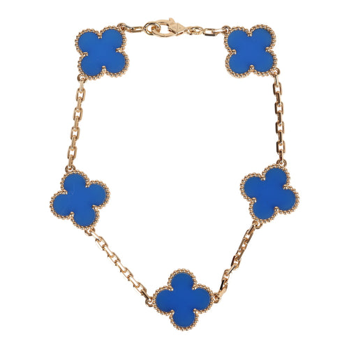 Van Cleef & Arpels Vintage Alhambra 5 Motif Bracelet Blue Agate 18K Yellow Gold Hardware