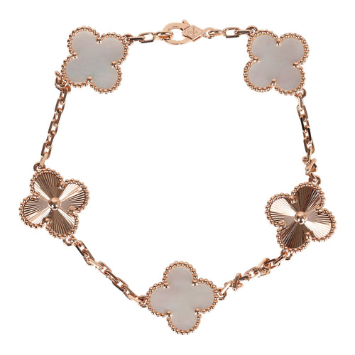 Van Cleef & Arpels Limited Edition Seoul Maison Vintage Alhambra 5 Motif Bracelet White Mother of Pearl & 18K Rose Gold Hardware