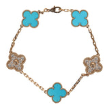 Van Cleef & Arpels Vintage Alhambra 5 Motif Bracelet Turquoise Diamonds & 18K Yellow Gold Hardware