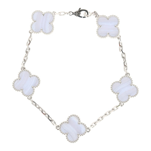 Van Cleef & Arpels Vintage Alhambra 5 Motif Bracelet Chalcedony 18K White Gold Hardware