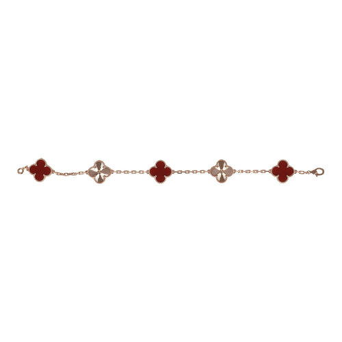 Van Cleef & Arpels Vintage Alhambra 5 Motif Bracelet Carnelian Guilloche 18K Rose Gold Hardware
