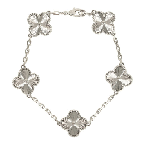 Van Cleef & Arpels Vintage Alhambra 5 Motif Bracelet Guilloché 18K White Gold Hardware