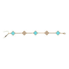 Van Cleef & Arpels Vintage Alhambra 5 Motif Bracelet Turquoise Diamonds & 18K Yellow Gold Hardware