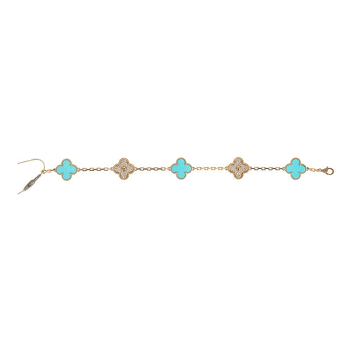Van Cleef & Arpels Vintage Alhambra 5 Motif Bracelet Turquoise Diamonds & 18K Yellow Gold Hardware