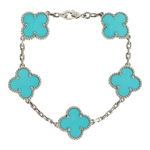 Pre-owned Van Cleef & Arpels Vintage Alhambra 5 Motif Bracelet Turquoise 18K White Gold Hardware