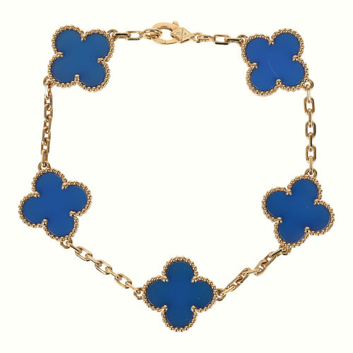 Pre-owned Van Cleef & Arpels Vintage Alhambra 5 Motif Bracelet Blue Agate 18K Yellow Gold Hardware