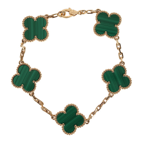 Van Cleef & Arpels Vintage Alhambra 5 Motif Bracelet Malachite 18K Yellow Gold Hardware