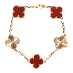 Van Cleef & Arpels Vintage Alhambra 5 Motifs Bracelet Carnelian Guilloche 18K Rose Gold Hardware