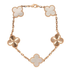 Van Cleef & Arpels Limited Edition Seoul Maison Vintage Alhambra 5 Motif Bracelet White Mother of Pearl & 18K Rose Gold Hardware
