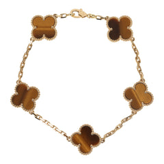 Van Cleef & Arpels Vintage Alhambra 5 Motif Bracelet Tiger Eye 18K Yellow Gold Hardware
