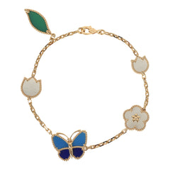 Van Cleef & Arpels Lucky Spring Butterfly 5 Motif Bracelet Lapis Lazuli, Mother of Pearl, Green Agate 18K Yellow Gold