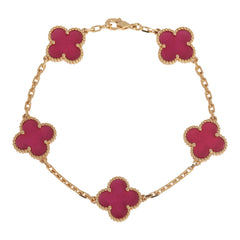 Van Cleef & Arpels Vintage Alhambra 5 Motif Bracelet Pink Enamel 18K Yellow Gold