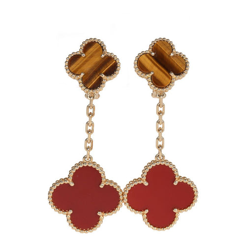 Van Cleef & Arpels Magic Alhambra 2 Motif Earrings Tiger's Eye/Carnelian 18K Yellow Gold Hardware