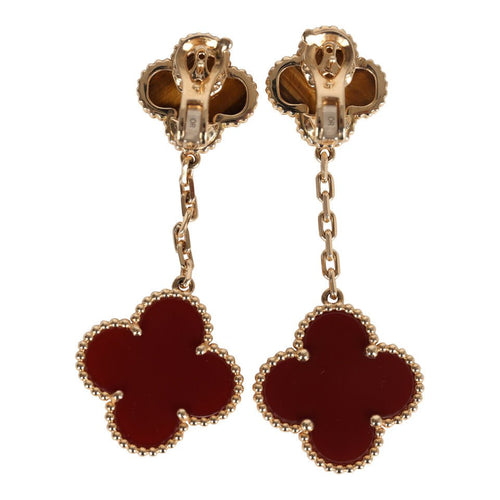 Van Cleef & Arpels Magic Alhambra 2 Motif Earrings Tiger's Eye/Carnelian 18K Yellow Gold Hardware