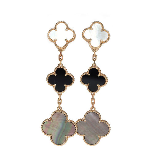 Pre-owned Van Cleef & Arpels Magic Alhambra 3 Motif Earrings Mother of Pearl & Onyx 18K Yellow Gold Hardware