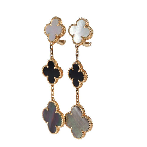 Pre-owned Van Cleef & Arpels Magic Alhambra 3 Motif Earrings Mother of Pearl & Onyx 18K Yellow Gold Hardware