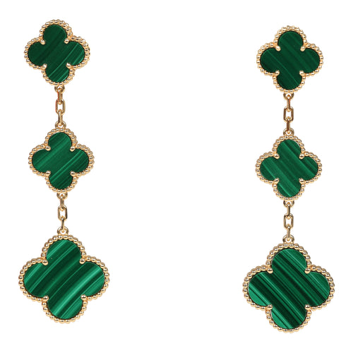 Van Cleef & Arpels Magic Alhambra 3 Motif Earrings Malachite 18K Yellow Gold Hardware