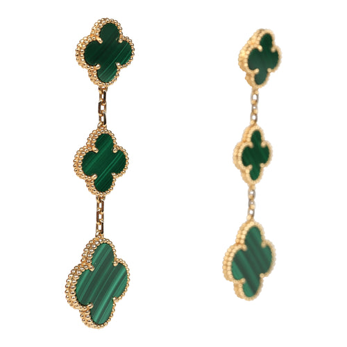 Van Cleef & Arpels Magic Alhambra 3 Motif Earrings Malachite 18K Yellow Gold Hardware