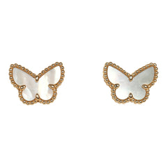 Pre-owned Van Cleef & Arpels Sweet Alhambra Butterflies Stud Earrings White Mother of Pearl 18K Yellow Gold