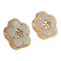 Van Cleef & Arpels Lucky Spring Plum Blossom Earrings White Mother of Pearl 18K Yellow Gold