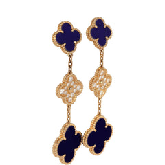 Van Cleef & Arpels "Vendome" Magic Alhambra 3 Motif Earrings Blue Sevres Porcelain, Diamonds, 18K Yellow Gold