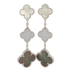 Van Cleef & Arpels Magic Alhambra 3 Motif Earrings White, Grey Mother of Pearl, Chalcedony 18K White Gold