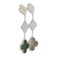 Van Cleef & Arpels Magic Alhambra 3 Motif Earrings White, Grey Mother of Pearl, Chalcedony 18K White Gold