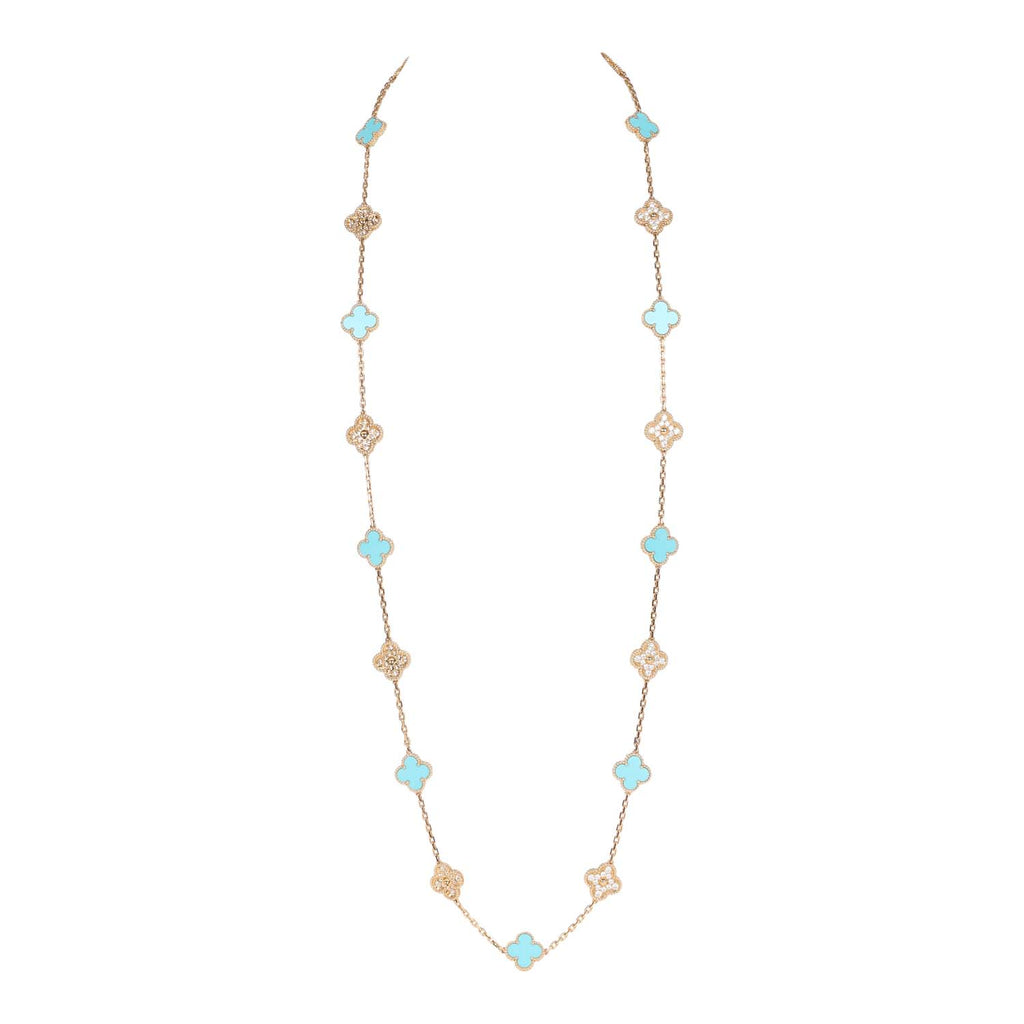 Van Cleef & Arpels Vintage Alhambra Diamond and Turquoise 20 Motif Necklace