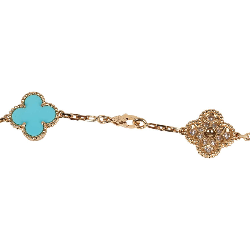 Van Cleef & Arpels Vintage Alhambra Diamond and Turquoise 20 Motif Necklace