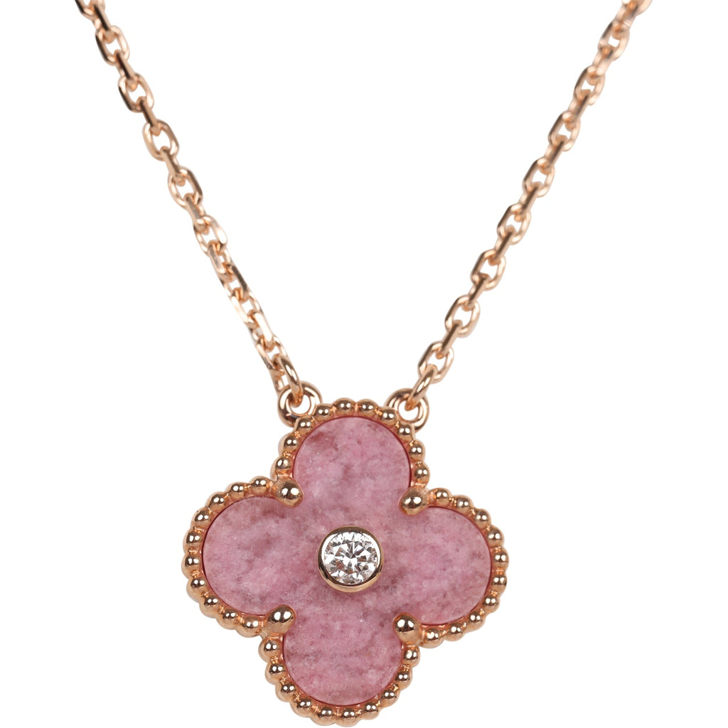 Van Cleef & Arpels 2021 Holiday Vintage Alhambra Rhodonite Pendant Necklace Rose Gold Hardware