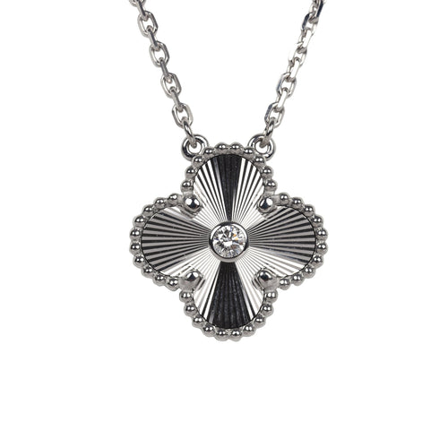 Van Cleef & Arpels 2020 Holiday Vintage Alhambra Pendant Necklace 18K White Gold Guilloche & Diamonds