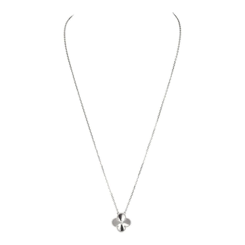Van Cleef Arpels 2020 Holiday Vintage Alhambra Pendant Necklace 18K White Gold Guilloche Diamonds Necklace New and never worn 18K White Gold