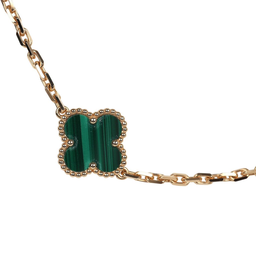 Van Cleef Arpels Vintage Alhambra 10 Motif Necklace Malachite 18K Yellow Gold Hardware Green New and Never Worn 18k Yellow Gold