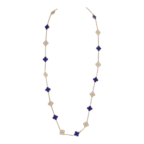 Van Cleef & Arpels Vintage Alhambra 20 Motif Necklace Lapis Lazuli Diamonds & Yellow 18K Gold Hardware