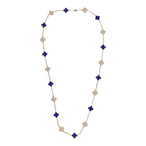 Van Cleef & Arpels Vintage Alhambra 20 Motif Necklace Lapis Lazuli Diamonds & Yellow 18K Gold Hardware