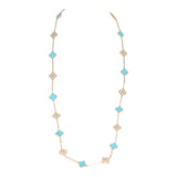 Van Cleef & Arpels Vintage Alhambra 20 Motif Necklace Turquoise Diamonds & Yellow 18K Gold Hardware