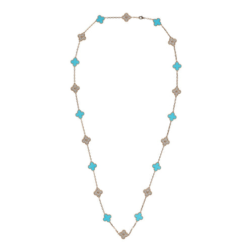Van Cleef & Arpels Vintage Alhambra 20 Motif Necklace Turquoise Diamonds & Yellow 18K Gold Hardware
