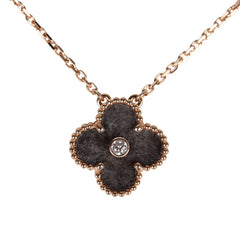 Van Cleef & Arpels 2023 Holiday Vintage Alhambra Pendant Necklace Silver Obsidian White Diamond Rose Gold