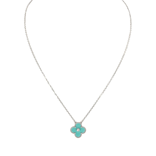 Van Cleef & Arpels 2022 Holiday Vintage Alhambra Pendant Necklace Light Green Celadon Sevres Porcelain & Diamonds White Gold Hardware