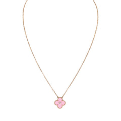 Van Cleef & Arpels 2015 Holiday Vintage Alhambra Pendant Necklace Light Pink Porcelain & Diamonds 18K Rose Gold Hardware
