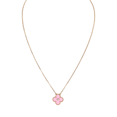 Van Cleef & Arpels 2015 Holiday Vintage Alhambra Pendant Necklace Light Pink Porcelain & Diamonds 18K Rose Gold Hardware