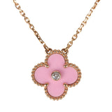 Van Cleef & Arpels 2015 Holiday Vintage Alhambra Pendant Necklace Light Pink Porcelain & Diamonds 18K Rose Gold Hardware