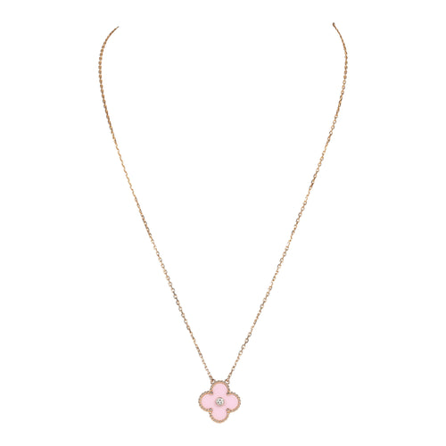 Van Cleef & Arpels 2015 Holiday Vintage Alhambra Pendant Necklace Light Pink Porcelain & Diamonds 18K Rose Gold Hardware