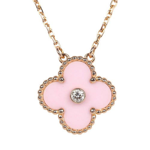 Van Cleef & Arpels 2015 Holiday Vintage Alhambra Pendant Necklace Light Pink Porcelain & Diamonds 18K Rose Gold Hardware