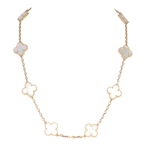 Van Cleef & Arpels Vintage Alhambra 10 Motif Necklace White Mother of Pearl 18K Yellow Gold Hardware