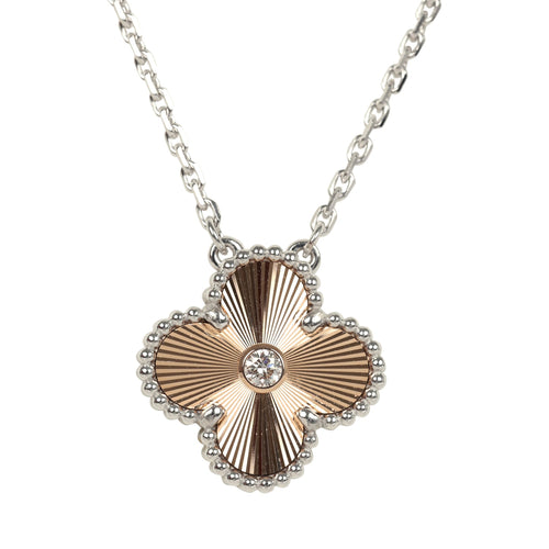 Pre-owned Van Cleef & Arpels 2024 Holiday Vintage Alhambra Pendant Necklace Rose Gold Guilloche 18K White Gold & Diamonds