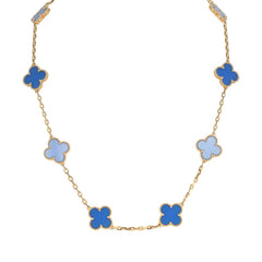 Van Cleef & Arpels Vintage Alhambra 10 Motif Necklace Blue Agate 18K Yellow Gold Hardware